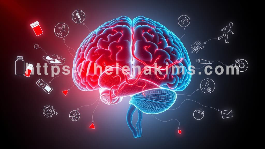 인간 뇌의 투명한 실루엣 중앙에 빛나는 뇌혈관망이 복잡하게 얽혀 있고, 일부 뇌 단면에서 MRI/CT 스캔 이미지가 오버레이. 뇌 주변으로는 약병, 혈압계, 혈당 측정기 등 만성 질환 관리 도구 아이콘들이 떠다닙니다.