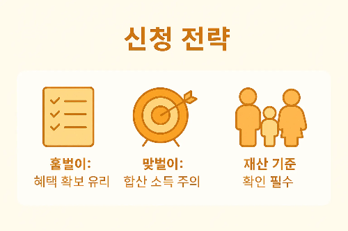 자녀장려금 신청 시 홀벌이는 혜택 확보가 유리하며 맞벌이는 합산 소득을 주의해야 하고, 재산 기준을 반드시 확인해야 한다는 전략적 조언을 제공하는 안내 자료