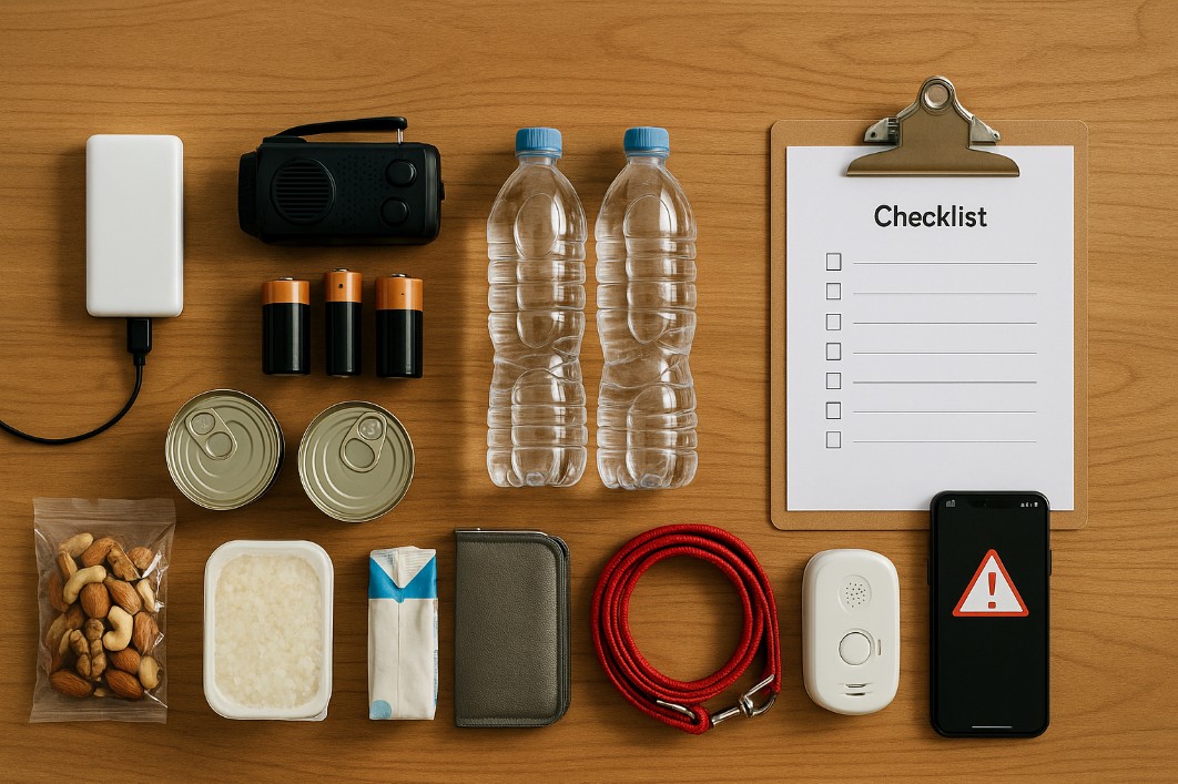 비상용 보조배터리, 라디오, 물, 통조림, 건과류, 체크리스트 등 재난 대비 물품이 책상 위에 정리된 실사 사진