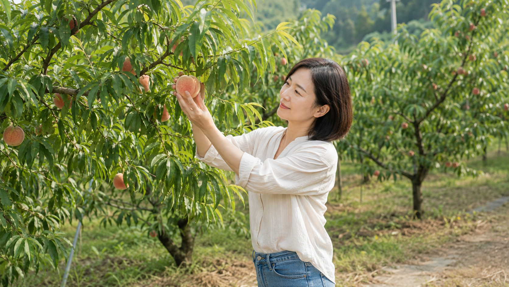 과수원에서 잘 익은 복숭아를 직접 따는 태몽