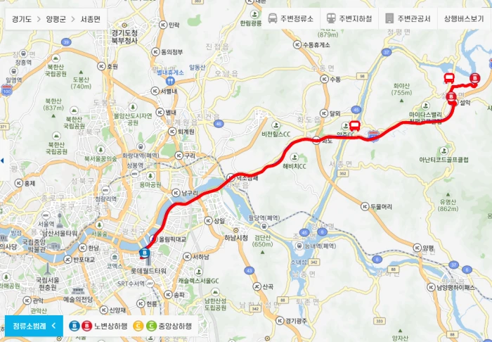 가평-직행좌석버스-7001번-버스-경유지-노선도