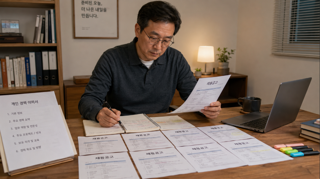 중장년 구직자가 채용공고와 자신의 경력을 비교하며 재취업 방향을 점검하는 장면