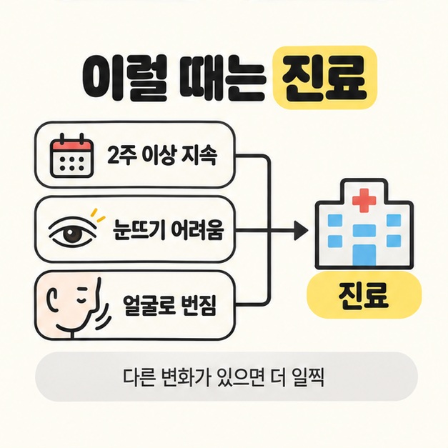 2주 이상 지속, 눈뜨기 어려움, 얼굴로 번짐을 진료로 연결하고 다른 변화가 있으면 더 일찍 확인하도록 안내한 그림