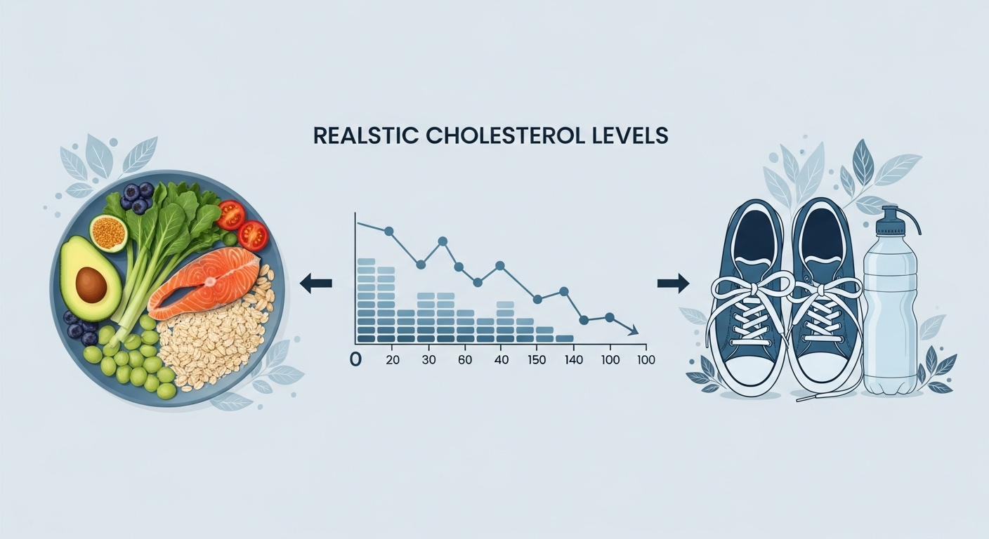 건강한 식단과 운동을 통해 콜레스테롤 수치를 낮추는 과정을 상징하는 이미지. 푸른색 계열의 배경에 신선한 채소와 생선, 운동화가 균형 있게 배치되어 있습니다.