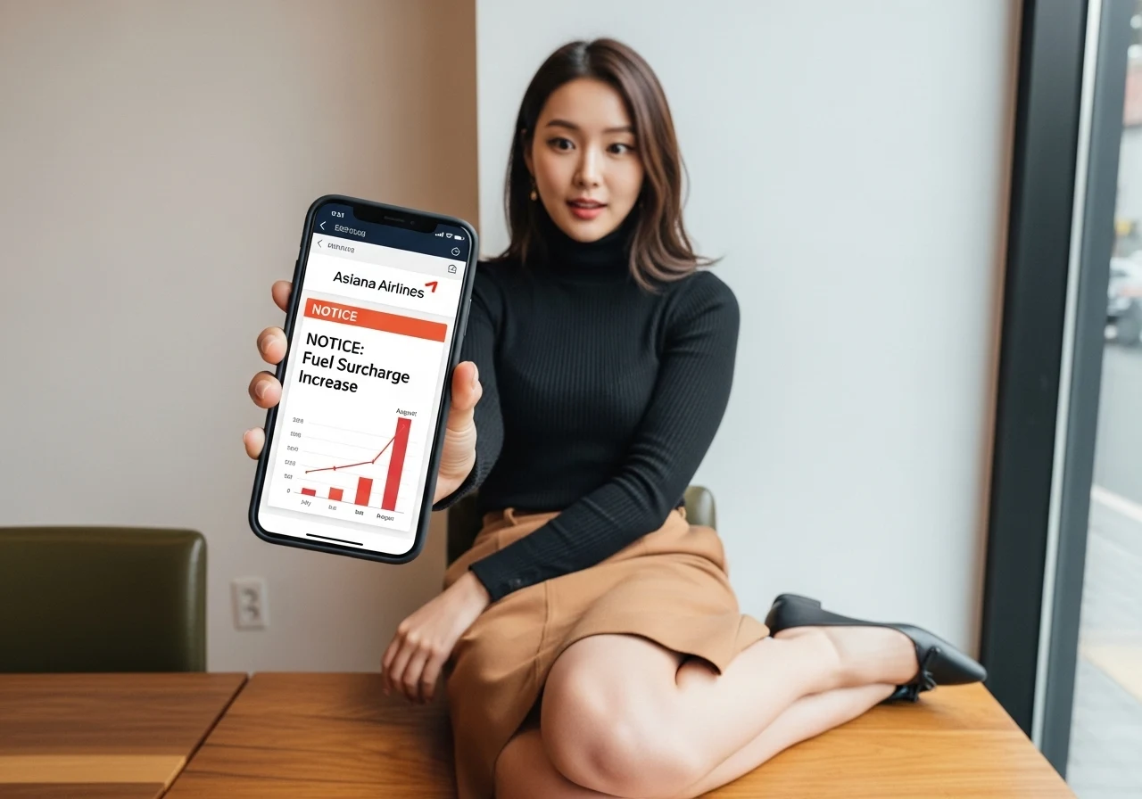 모던한 카페에서 세련된 복장의 젊은 한국인 여성이 카메라를 향해 스마트폰을 보여주고 있으며, 화면에는 'Asiana Airlines: August Fuel Surcharge Increase'라는 뉴스 속보가 떠 있다