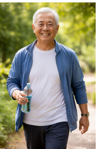 점심식사후 건강관리를 위해 주위 공원에서 30분 이상 산책을 하는 시니어