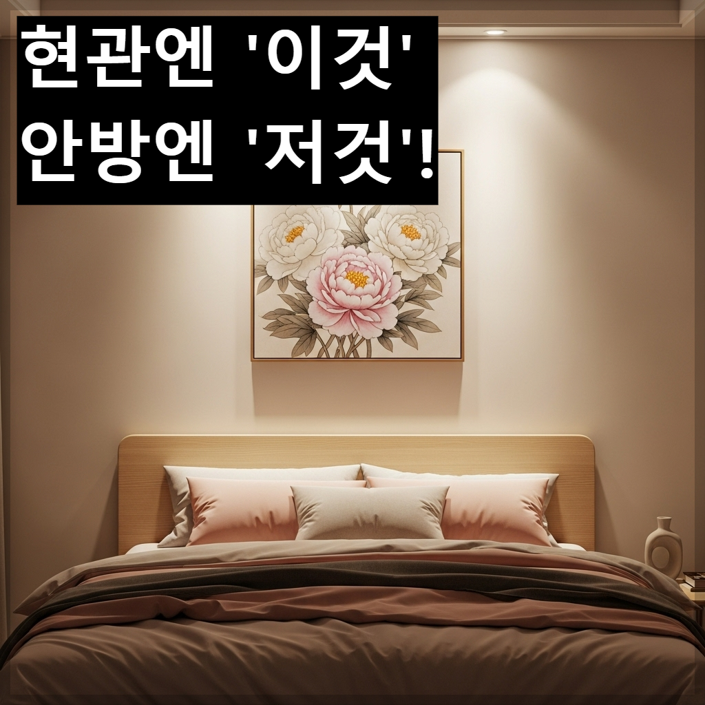침대 머리맡에 부부 금슬을 좋게 하는 우아한 모란꽃 그림이 걸려 있는 아늑한 한국 침실 인테리어