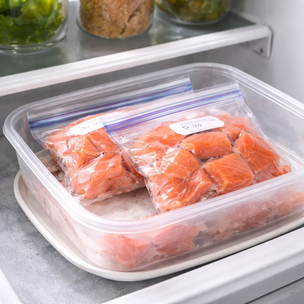 냉장실에서 천천히 해동 중인 연어