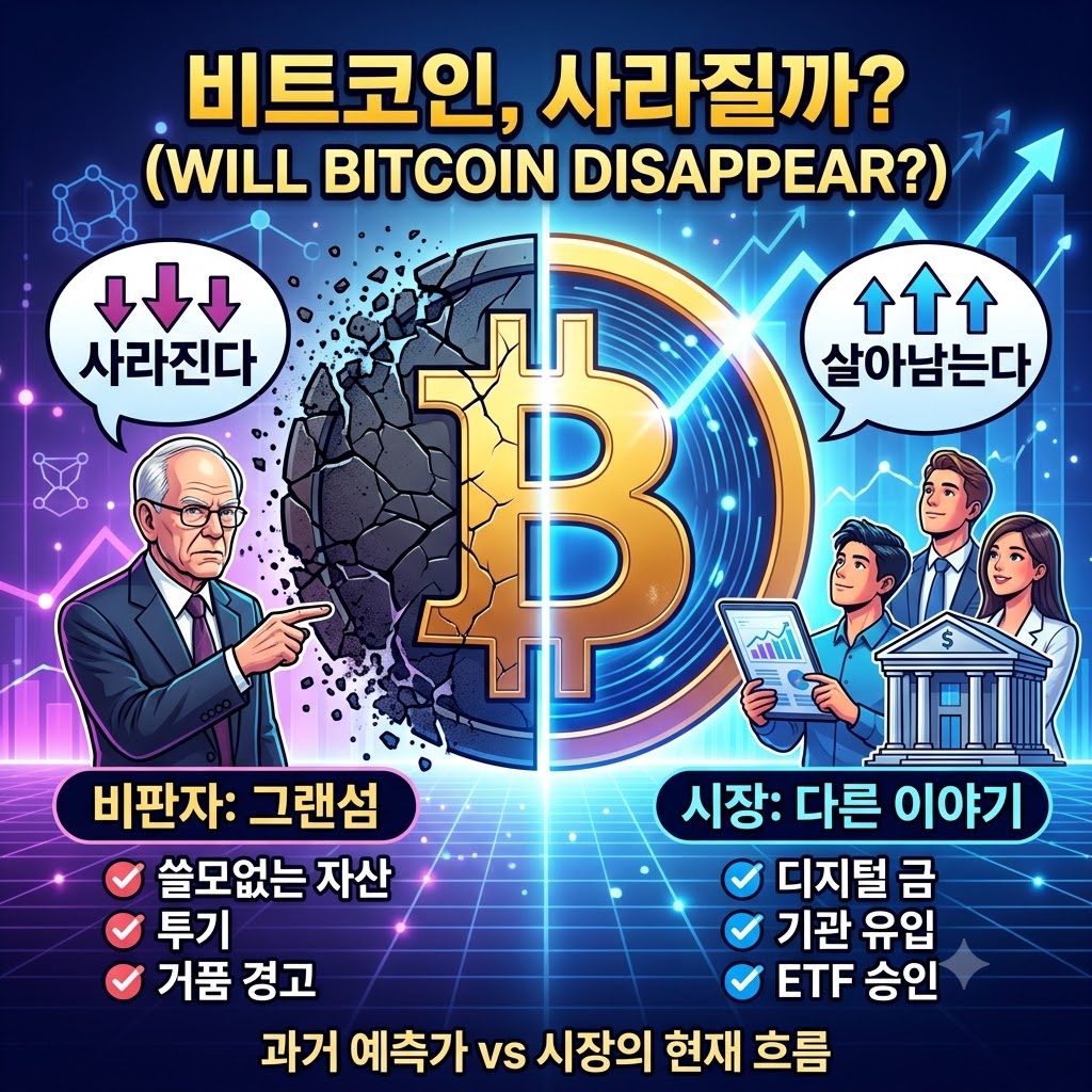 이 이미지는 닷컴버블 예언자 제러미 그랜섬의 비트코인 비판론과, 이와 대조되는 시장의 긍정적인 신호(기관 유입, ETF 승인 등)를 한눈에 비교하여 보여줍니다.