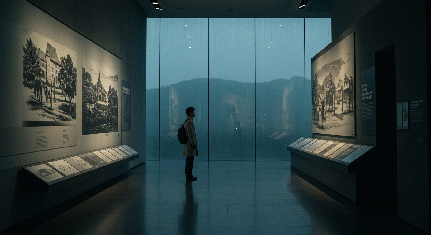 비 오는 날 강릉 시립박물관에서 전시를 관람하는 한국인.