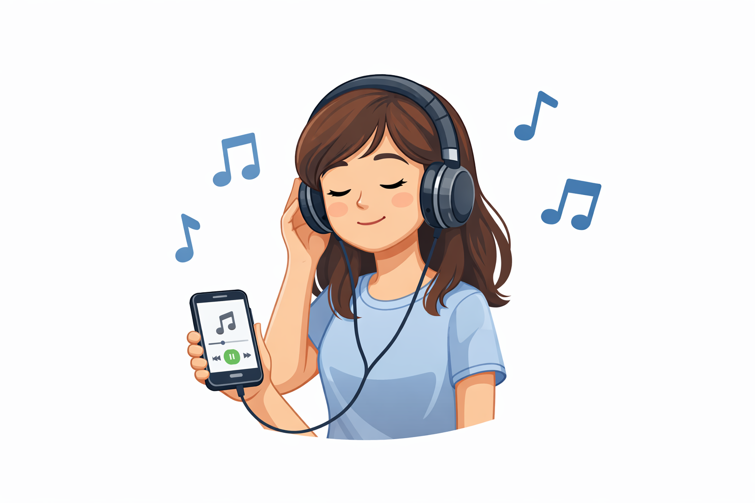 블루투스 헤드폰으로 음악을 듣는 사용자 모습