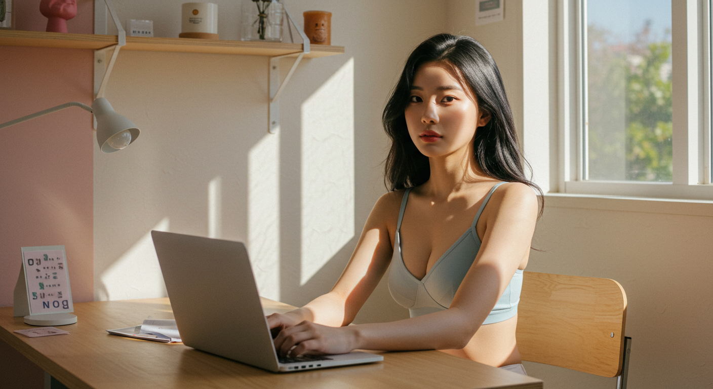 작은 사무실에서 일하는 여자