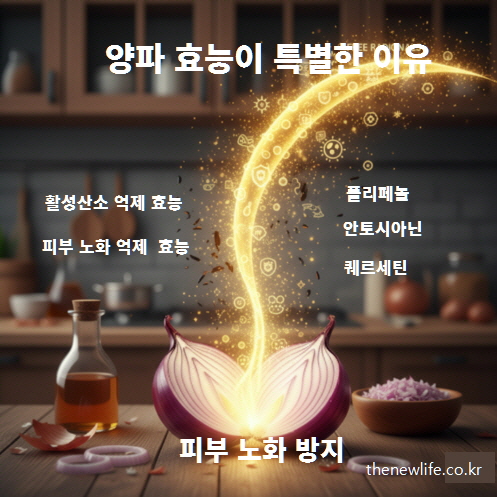 양파의 폴리페놀, 안토시아닌, 퀘르세틴 성분이 피부 노화를 억제하는 효능을 시각화한 인공 이미지