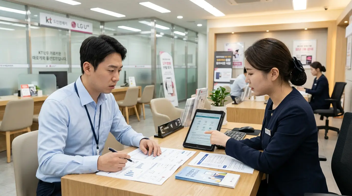 한국의 이동통신사 대리점 창구에서 상담원이 태블릿 화면의 결제 한도 정책 조항을 직장인 매수인에게 설명하는 장면