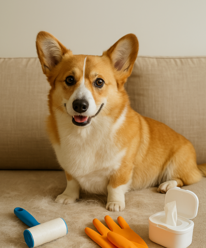 털갈이 시기 웰시코기가 소파 위에 앉아 있으며, 주변에 돌돌이와 고무장갑, 물티슈가 놓여 있는 모습으로 털빠짐 관리에 필요한 용품을 강조한 장면입니다.