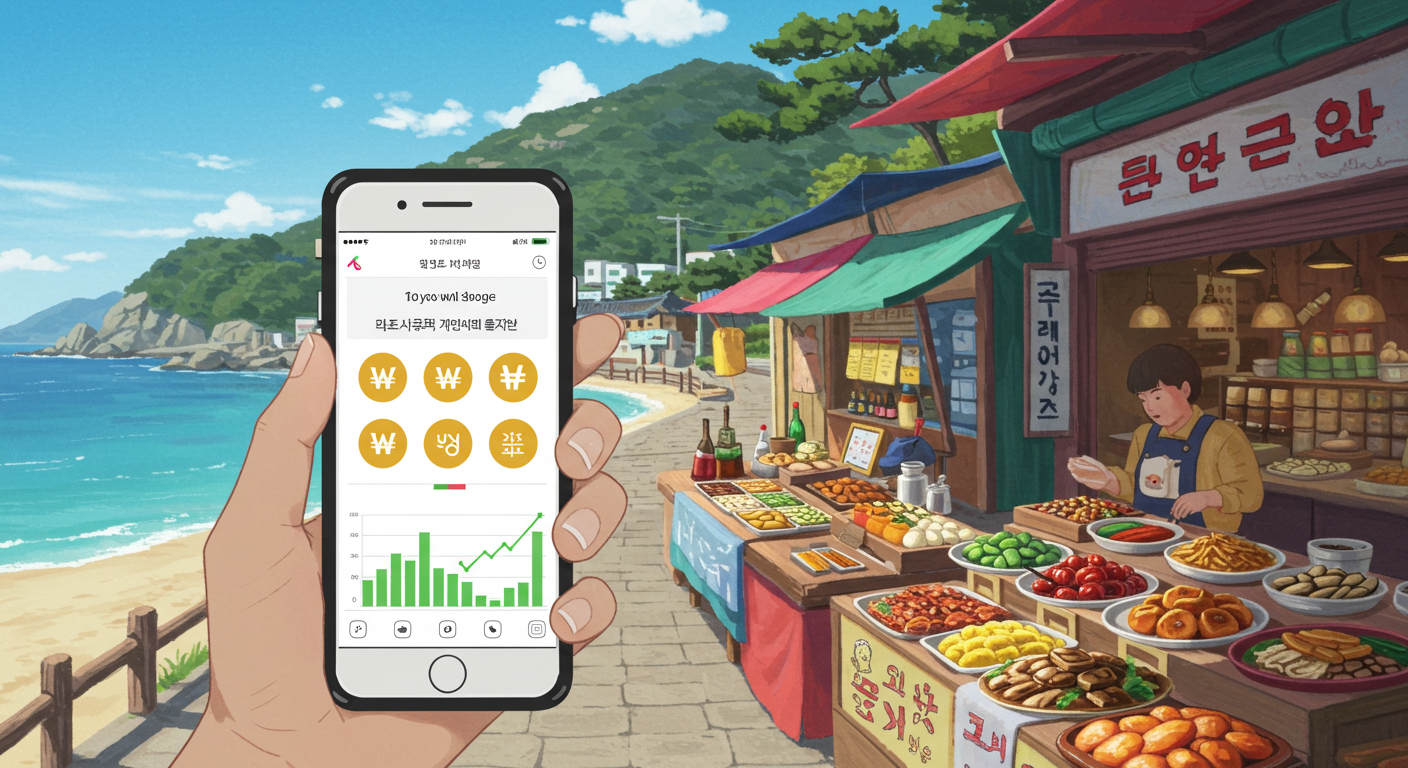 강원도의 바다, 산, 시장 풍경을 배경으로 예산 앱이 켜진 스마트폰을 든 한국인 손.