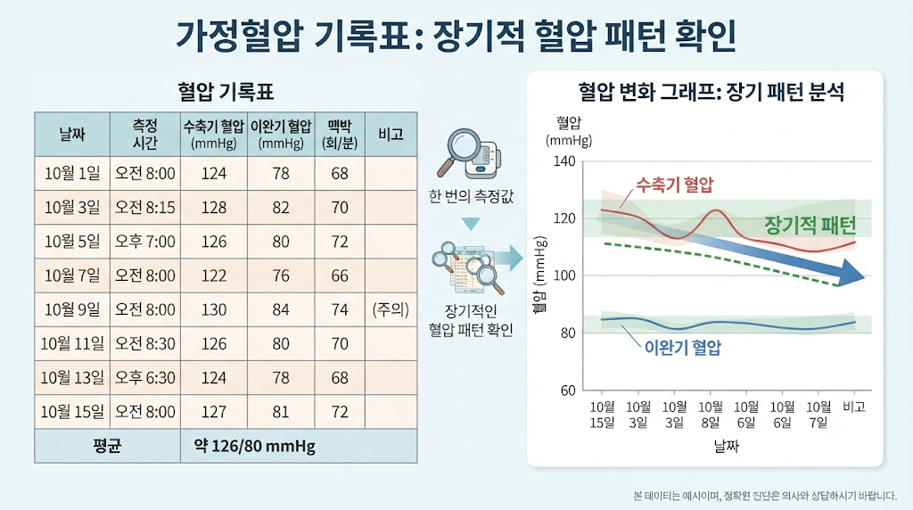 여러 날짜에 측정한 혈압 기록과 시간에 따른 혈압 변화를 보여주는 기록표