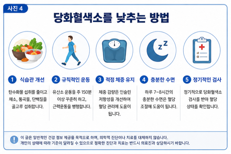 당화혈색소를 낮추는 5가지의 방법을 설명하는 사진