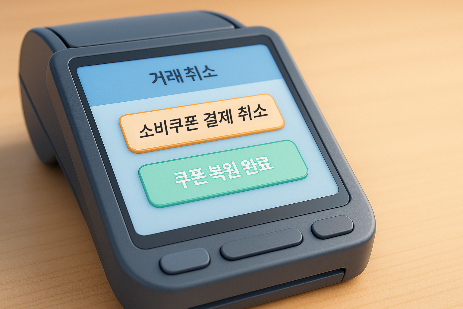 포스기 화면에 '쿠폰 결제 취소' 및 '쿠폰 복원' 절차가 표시된 이미지