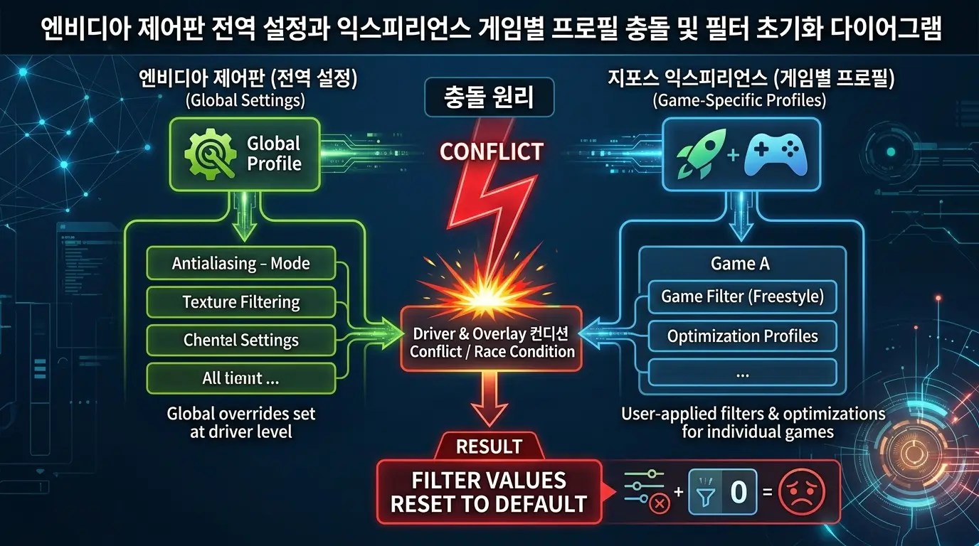 엔비디아 제어판 전역 설정과 익스피리언스 게임별 프로필이 충돌하여 필터 값이 초기화되는 원리를 설명하는 다이어그램
