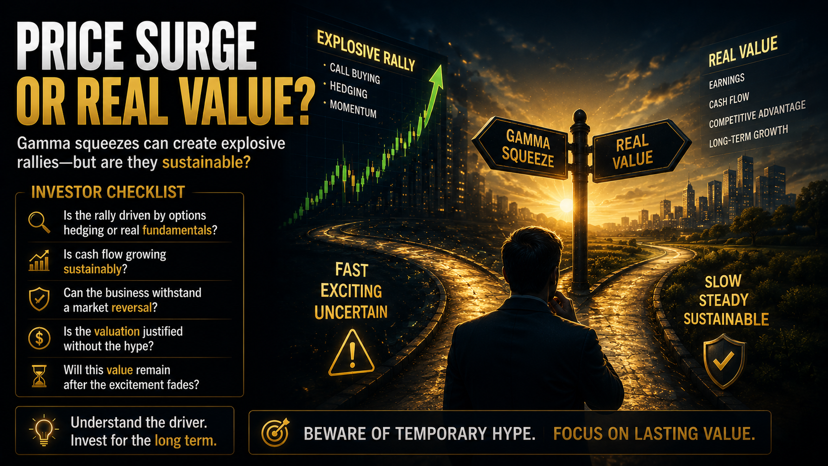Investment illustration comparing Gamma Squeeze momentum with long-term value investing based on business fundamentals.