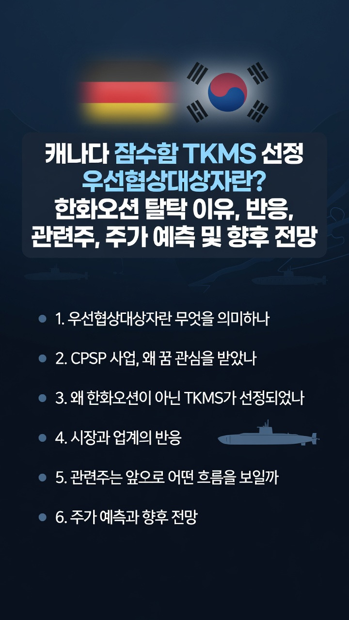 캐나다 잠수함 TKMS 선정, 우선협상대상자란? 한화 오션 탈락 이유, 반응, 관련주, 주가 예측 및 향후 전망
