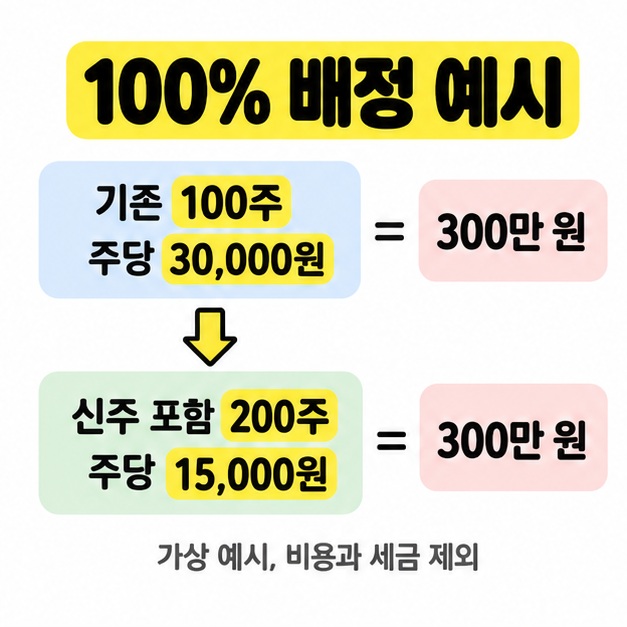 가상 100% 배정에서 기존 100주와 주당 30,000원이 신주 포함 200주와 주당 15,000원으로 바뀌어 평가액 300만 원이 같음을 보여 주는 비교