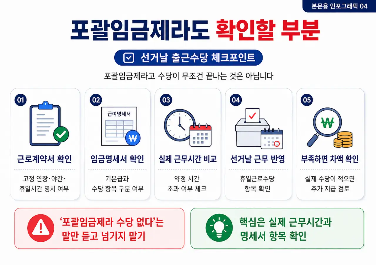 포괄임금제라도 선거날 출근수당 확인할 부분 근로계약서 급여명세서 실제 근무시간 비교 인포그래픽