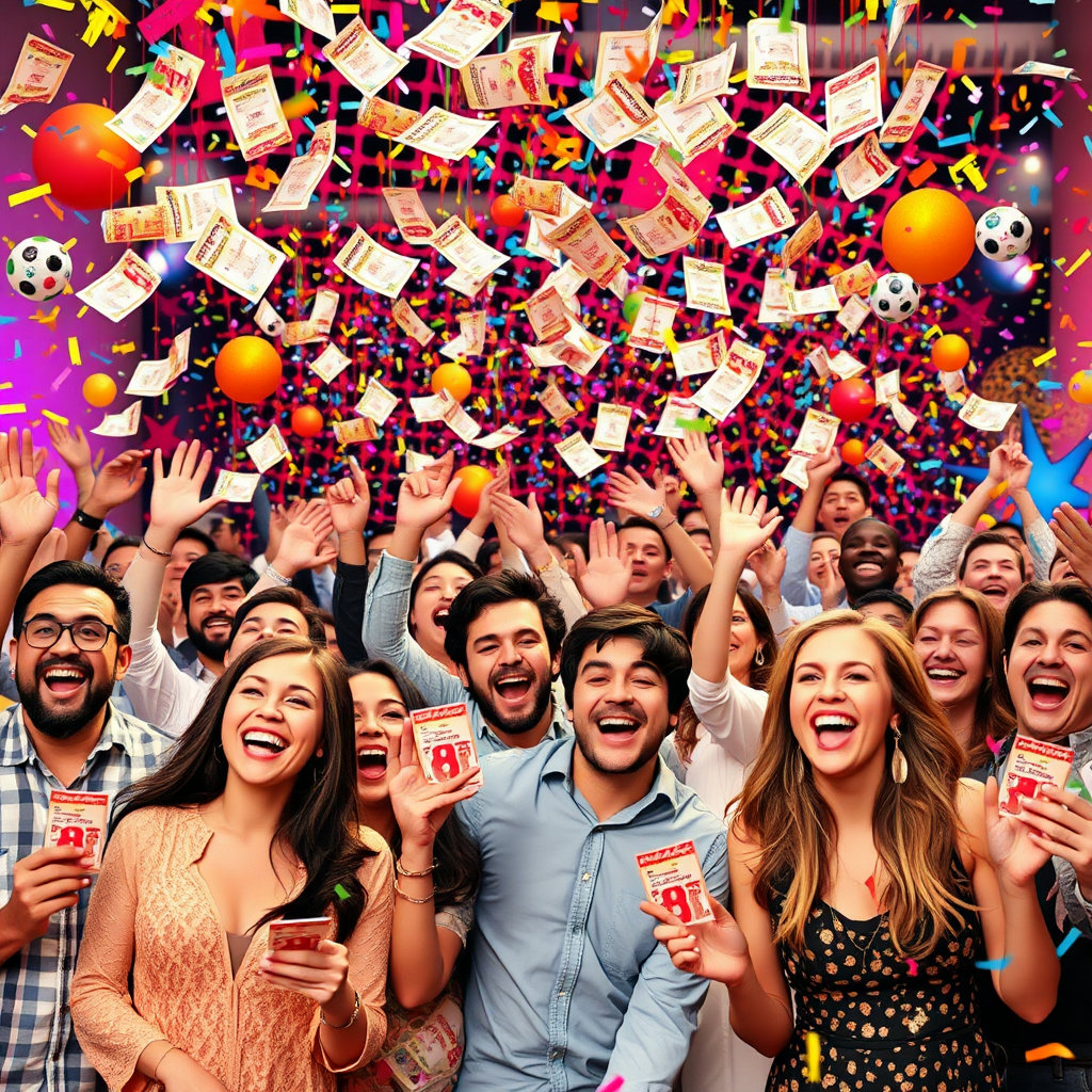 반짝이는 복권이나 다양한 경품들이 쏟아지는 듯한 역동적인 장면입니다. 사람들이 즐겁게 이벤트에 참여하거나 당첨 소식에 환호하는 모습이 역동적으로 표현됩니다.