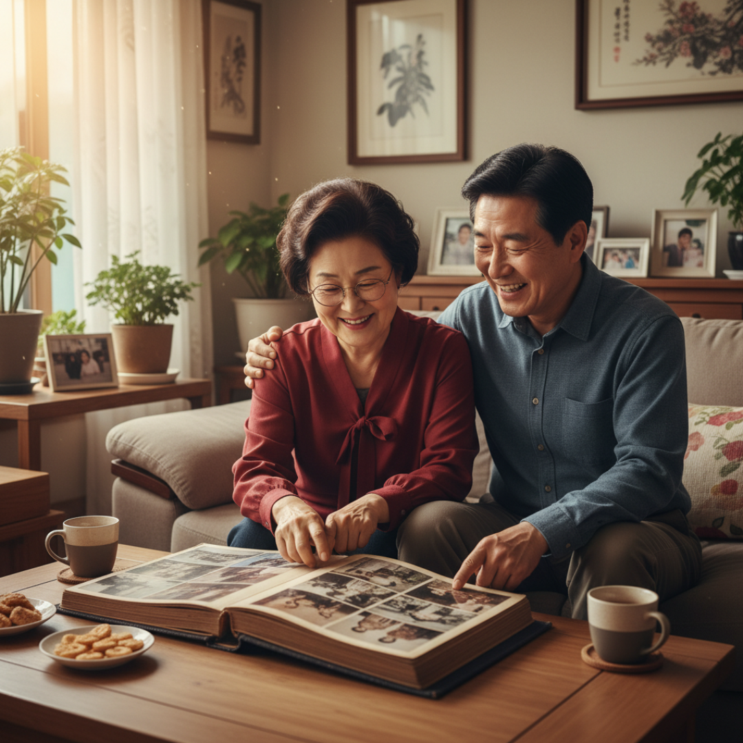 부모님과 함께 앨범을 보며 추억을 회상하는 정서적 교감의 모습