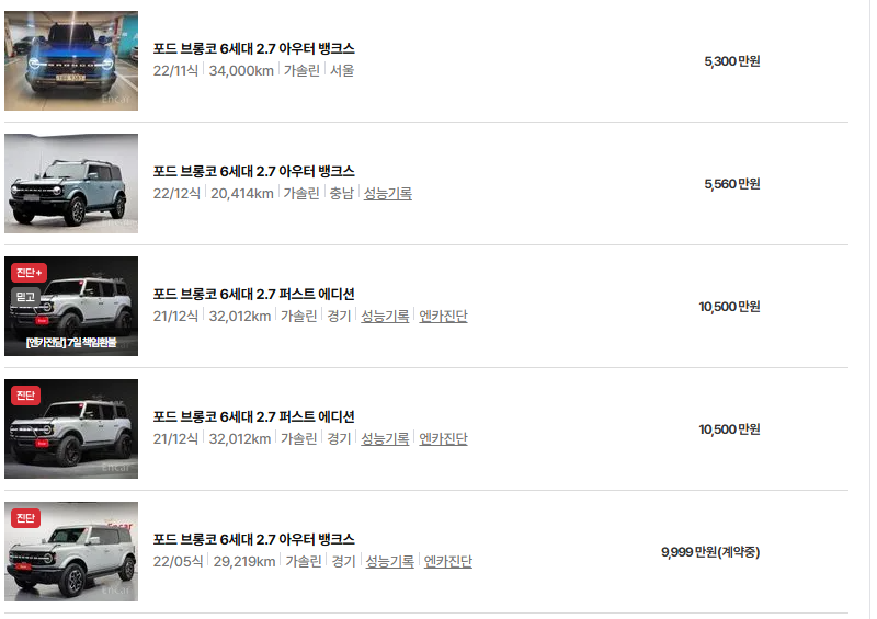 포드 브롱코 중고차 가격 시세표 유지비