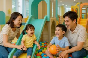 키즈카페 볼풀장에서 아이들과 즐겁게 노는 모습