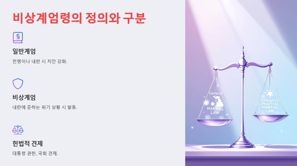 일반계엄과 비상계엄의 차이를 설명하는 이미지. 정의를 강조하는 법률 아이콘과 균형을 상징하는 저울이 배치되어 계엄의 헌법적 맥락을 시각화.