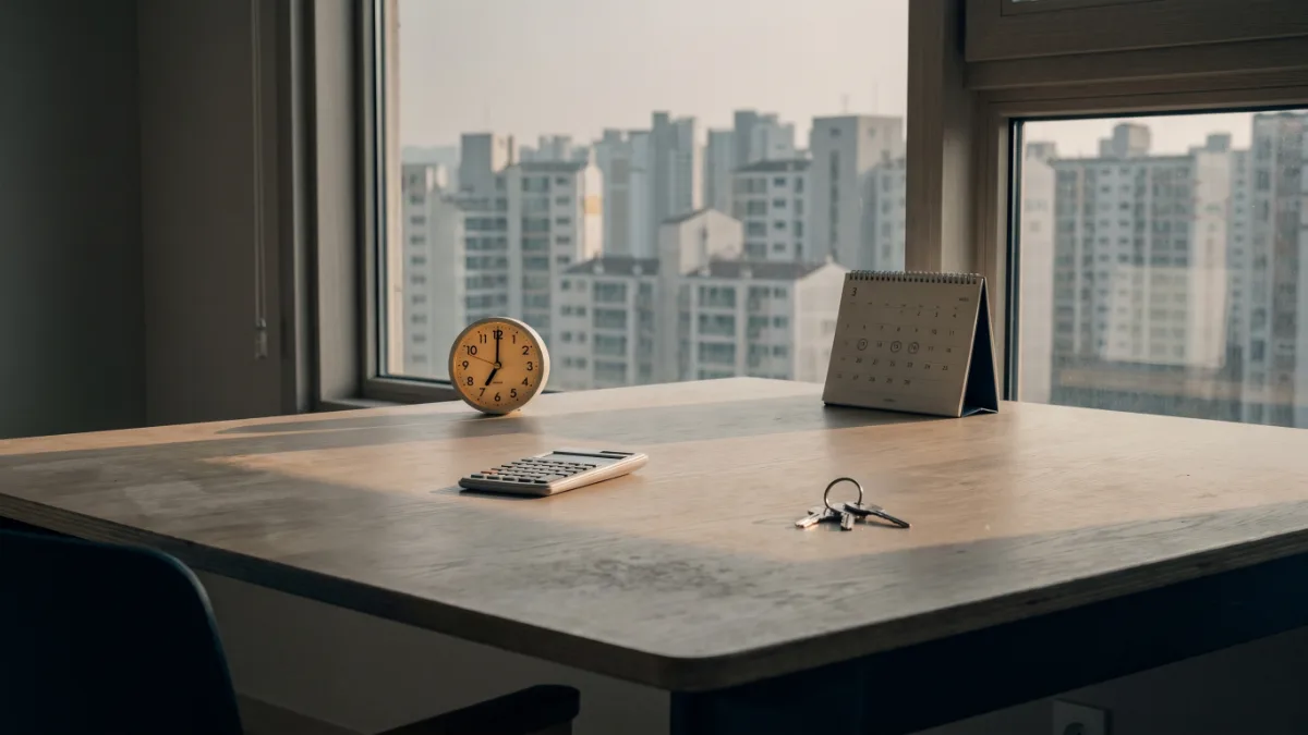 아침 햇살이 드는 책상 위의 달력과 시계, 계산기, 아파트 열쇠 &mdash; 경매 잔금 납부 기한을 계산하는 장면