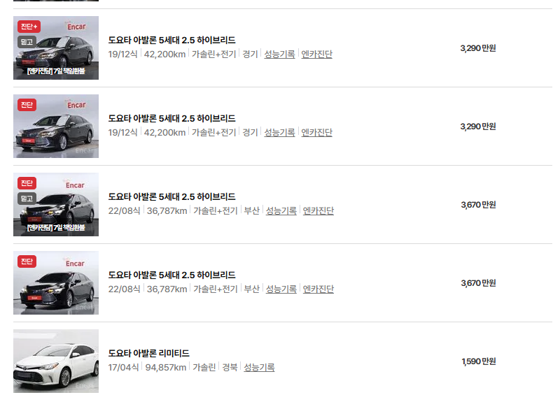 도요타 아발론 중고차 가격 시세표 연비