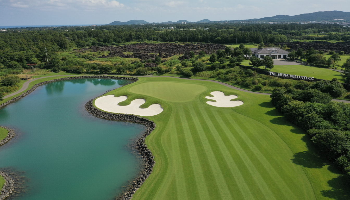 더 시에나 벨루토CC의 도그렉 좌측 홀과 워터 해저드가 돋보이는 전략적인 코스 전경