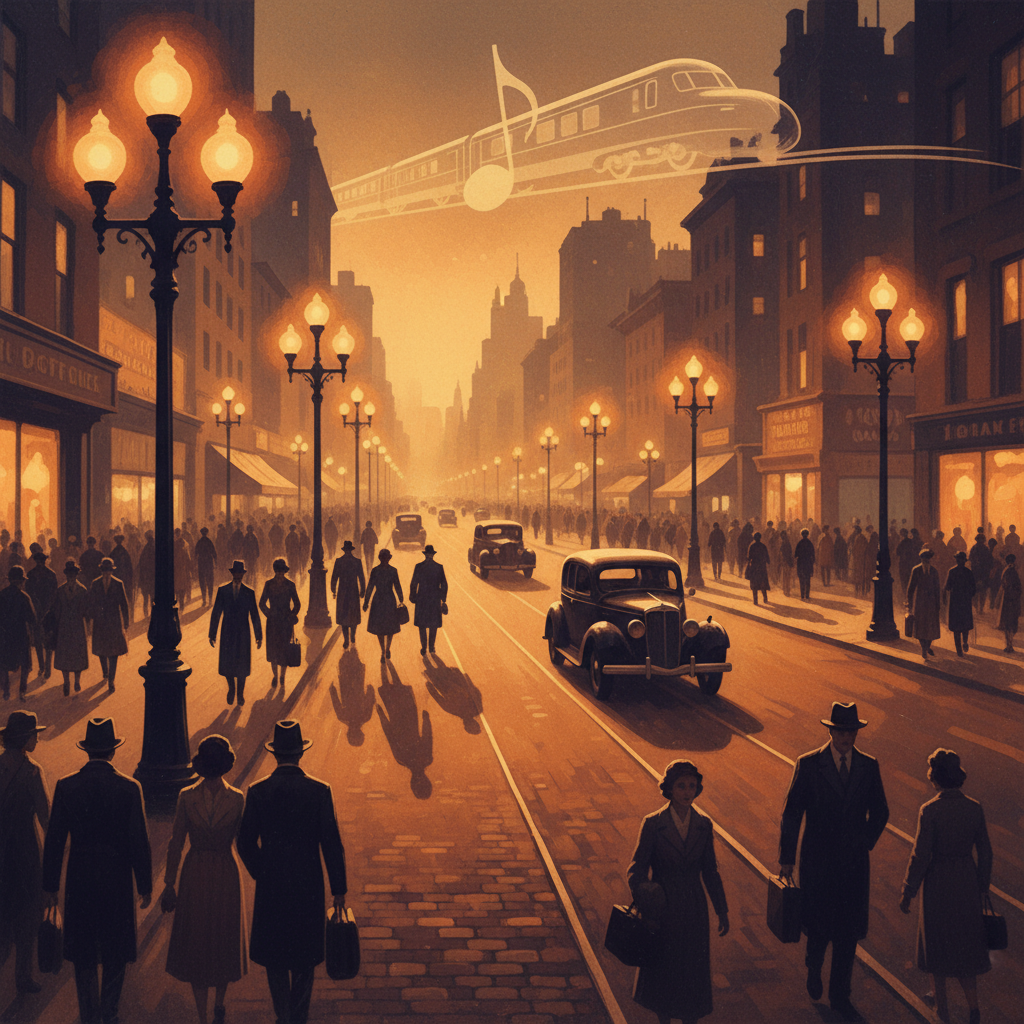 밤하늘 아래 도시의 불빛이 빛나고, 가로등 불빛 아래에서 사람들이 어딘가를 향해 걸어가고 있는 모습. 따뜻하고 희망찬 분위기.