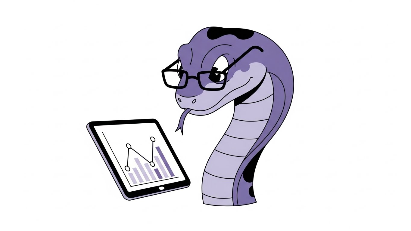 안경을 쓰고 태블릿의 그래프를 분석하며 전문적인 모습을 보여주는 뱀 캐릭터 일러스트