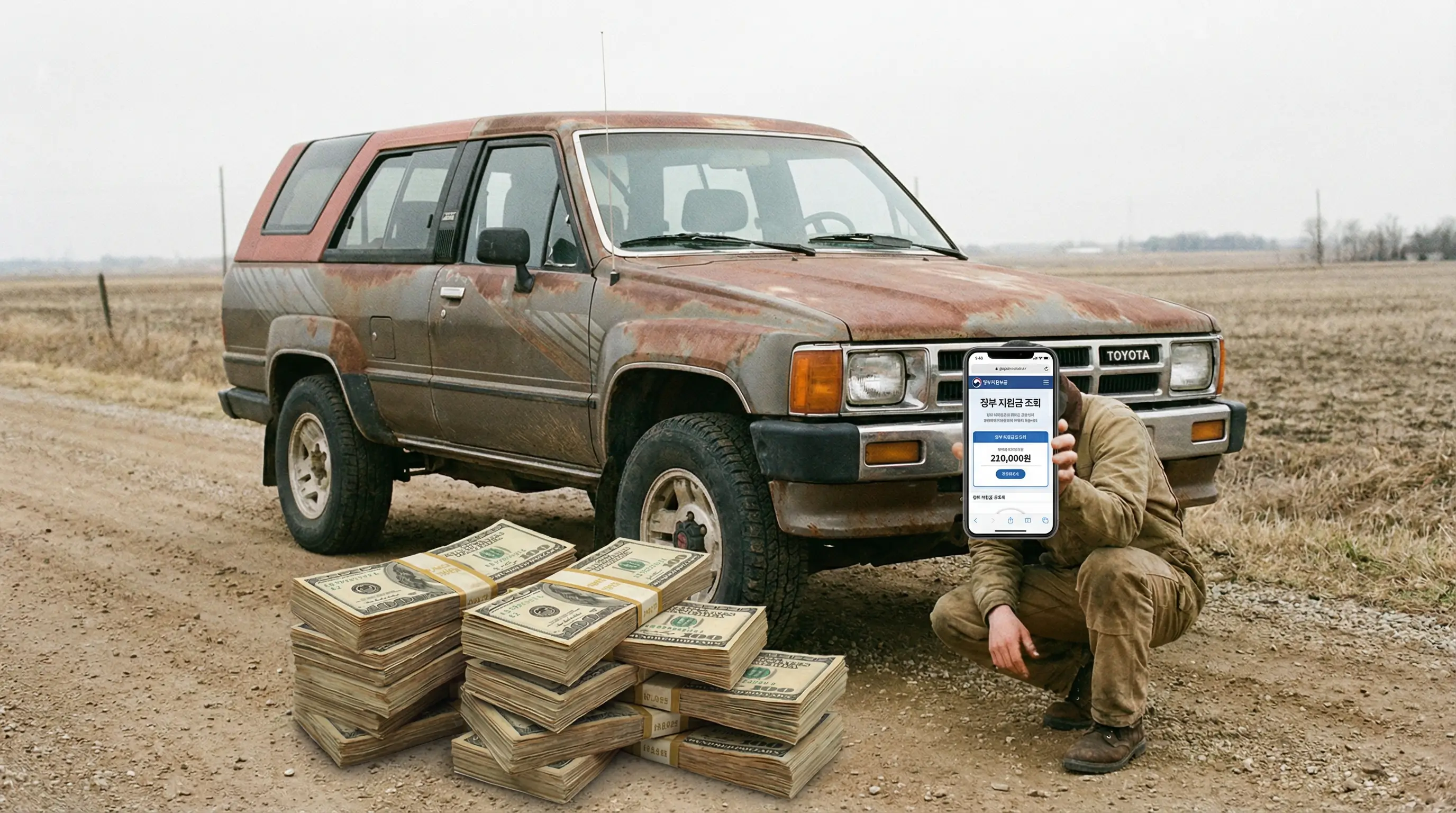 오래된 SUV 차량 앞에 돈다발이 놓여 있고 스마트폰으로 지원금을 조회하는 모습