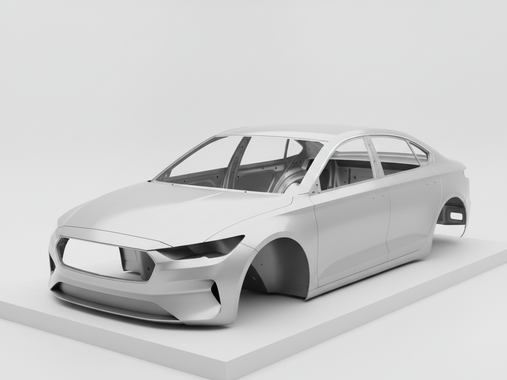 흰색 배경의 스튜디오에 놓인 은색 또는 회색의 자동차 차체(차량의 뼈대와 외형) 구조.