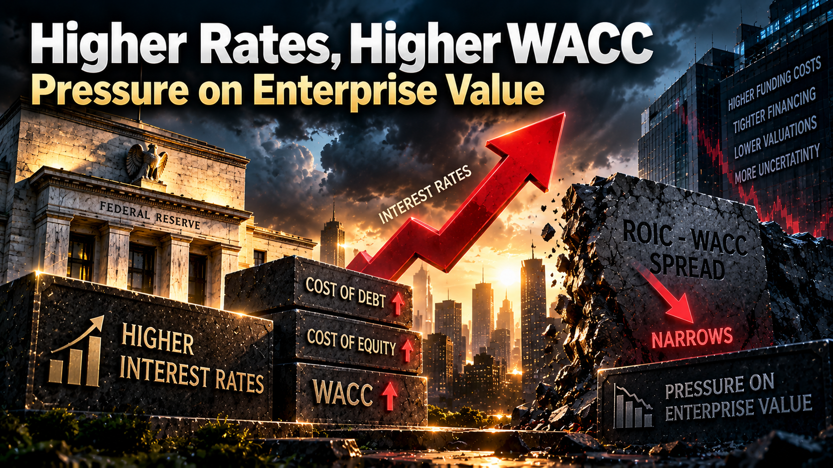 Higher interest rates raising WACC and narrowing the ROIC-WACC spread while pressuring enterprise value.