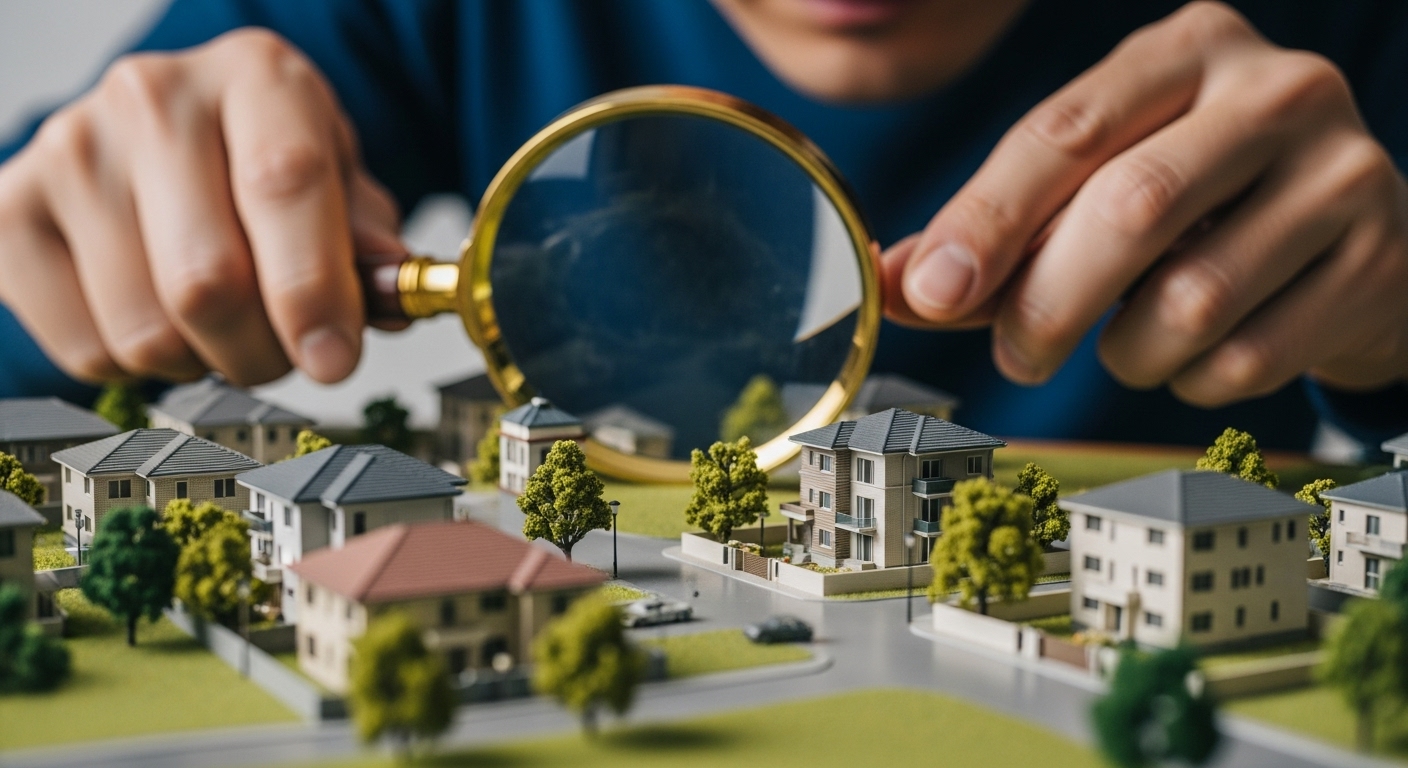 돋보기로 동네와 집을 자세히 살펴보는 투자자