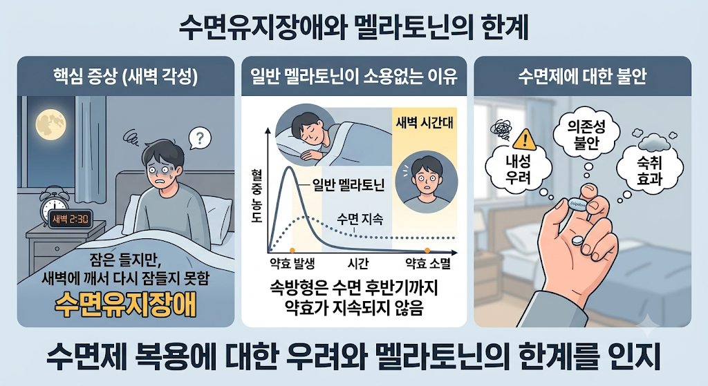 수면유지장애는 새벽에 깨 다시 못 잠. 속방형 멜라토닌은 약효가 지속되지 않아 부적합하며, 수면제는 부작용 우려로 기피함.
