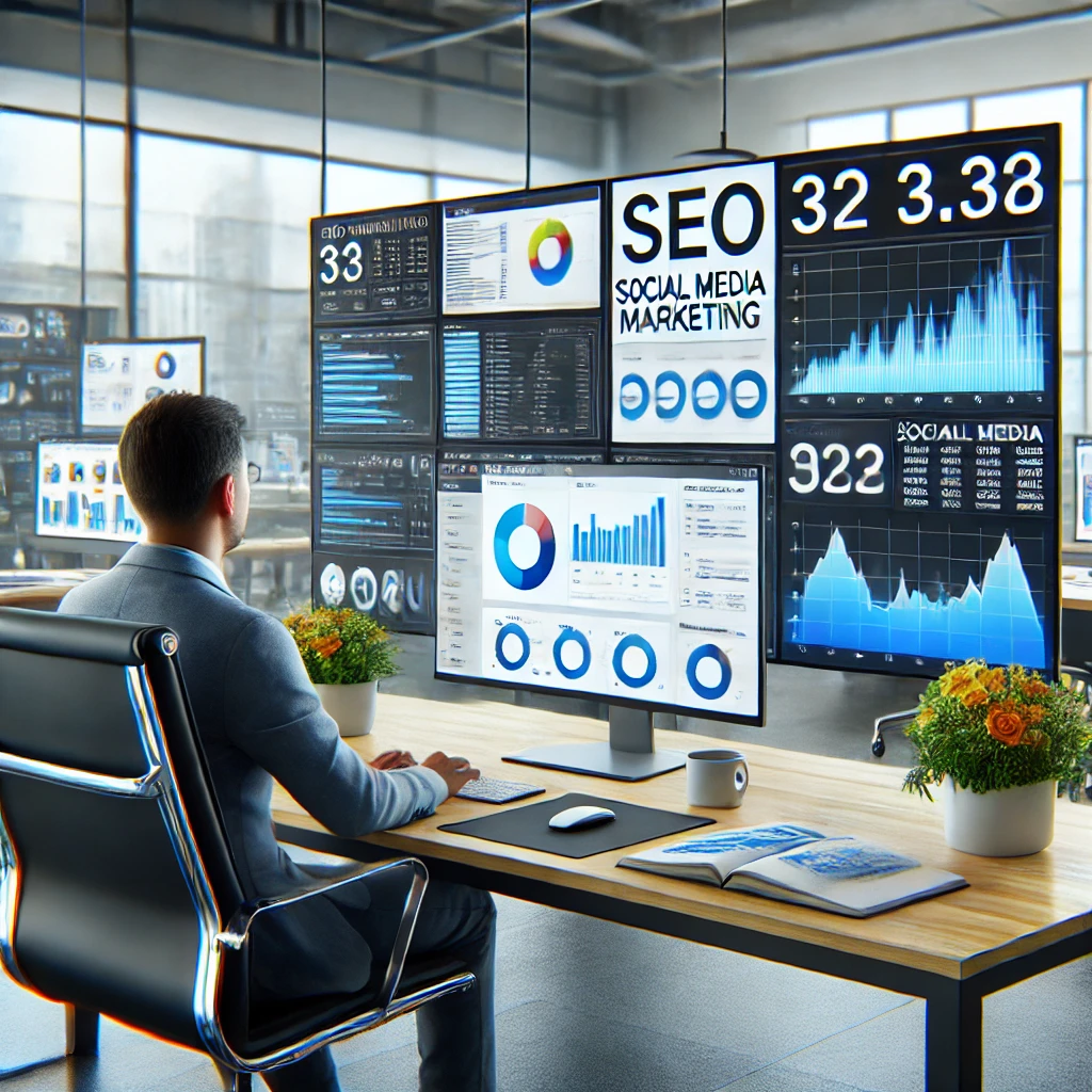 디지털 마케팅 전문가가 사무실에서 SEO, 광고 캠페인, 데이터 분석을 진행하는 모습.
소셜미디어 광고, 구글 애드센스, 웹사이트 방문자 트래픽 분석 화면 표시.
디지털 마케팅 및 온라인 비즈니스 관련 직업을 시각적으로 표현
