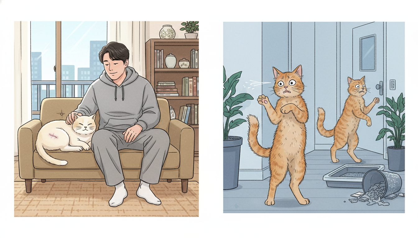 중성화된 건강한 고양이와 중성화되지 않은 고양이의 대비되는 모습.