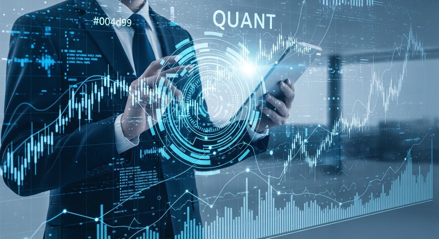 퀀트 트레이더가 복잡한 금융 데이터를 분석하고 코딩하는 모습의 현대적이고 역동적인 이미지. 차트, 알고리즘, 코드 라인 등 디지털 요소가 배경을 이루며 기술과 금융의 융합을 상징합니다.