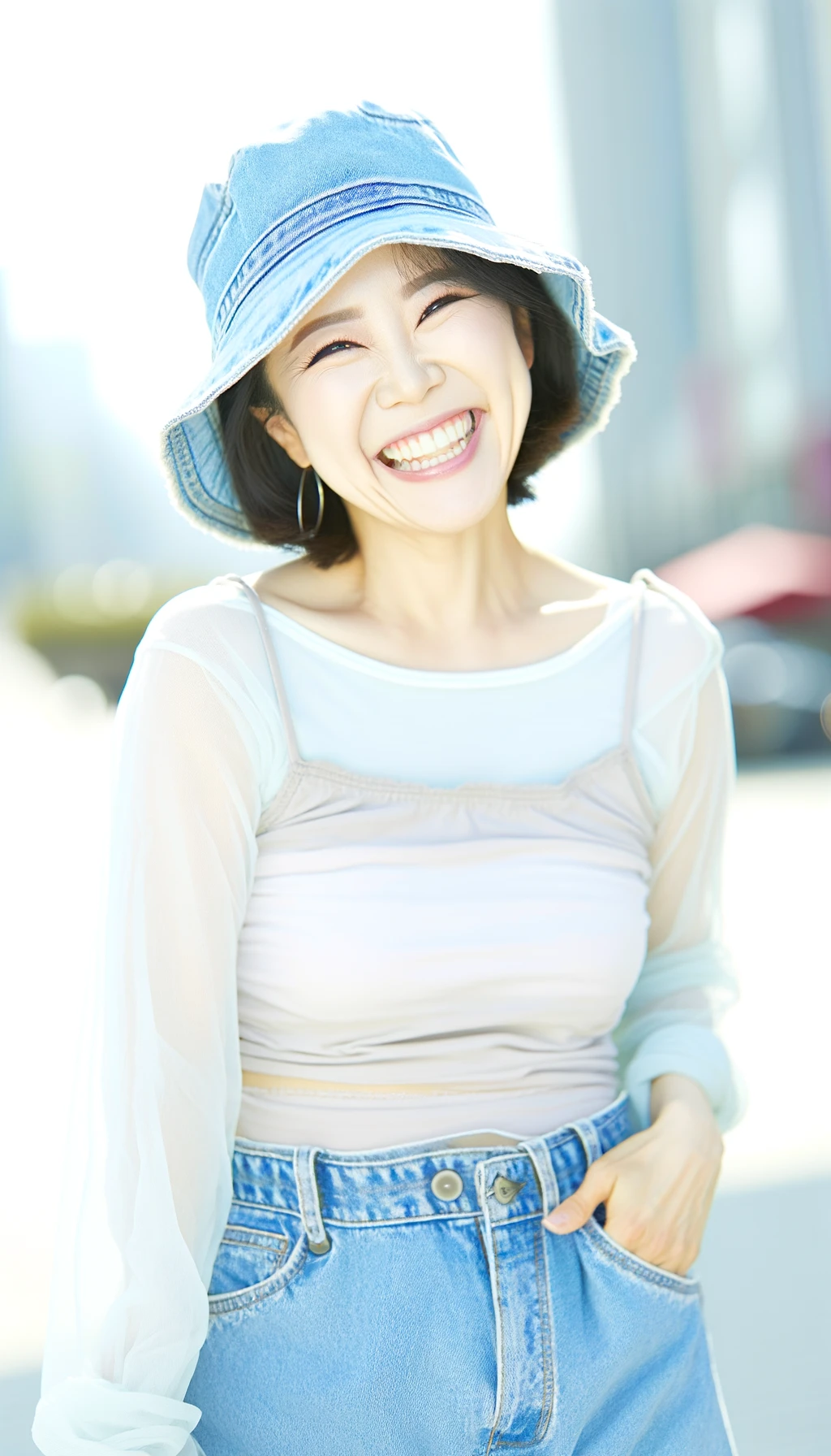 청바지나 쇼츠에 버킷 햇 또는 베이스볼 캡을 쓰고있는 여성