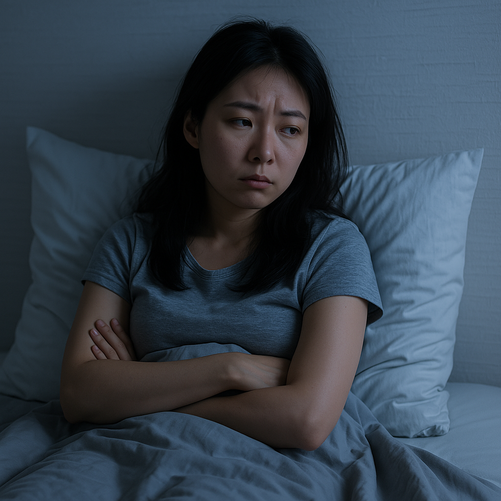 새벽에 잠이 깨서 싑게 잠들지 못하는 여성