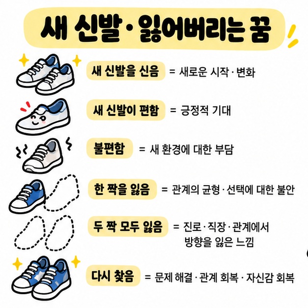 새 신발을 신거나 한 짝을 잃고 다시 찾는 상황을 새로운 시작 불안 관계 회복과 연결해 설명하는 카드