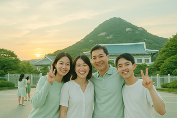 청화대관람 후 청화대를 뒤배경으로 촬영하는 모습